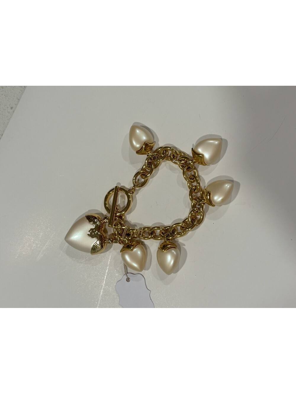 Joan Rivers Heart Pearl Cable Bracelet 1990s Gold Plated 7" Toggle Clasp